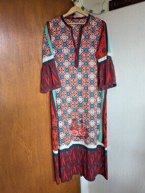 Lisa Corti Red White Maxi Dress Geometric Shape Size Large
